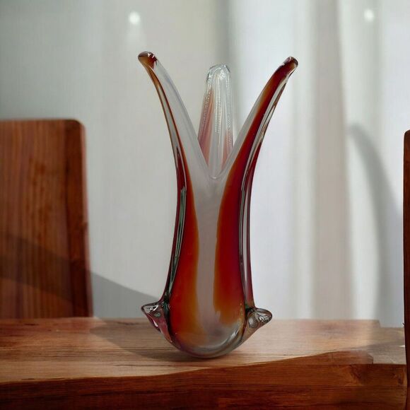 Mid Century Modern Murano Glass 3 Finger Red Orange Clear Swung Vase‎